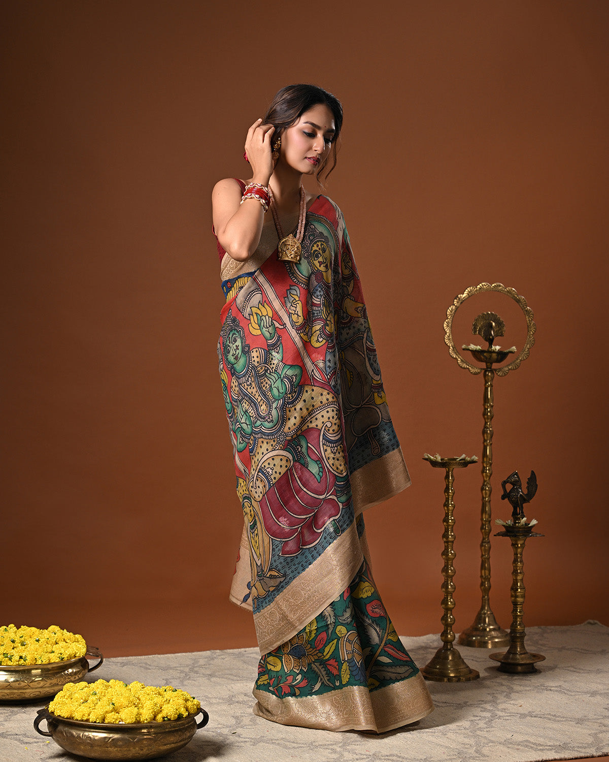 Dashavtaram Theme Pure Banarsi Munga Silk Kalamkari Saree