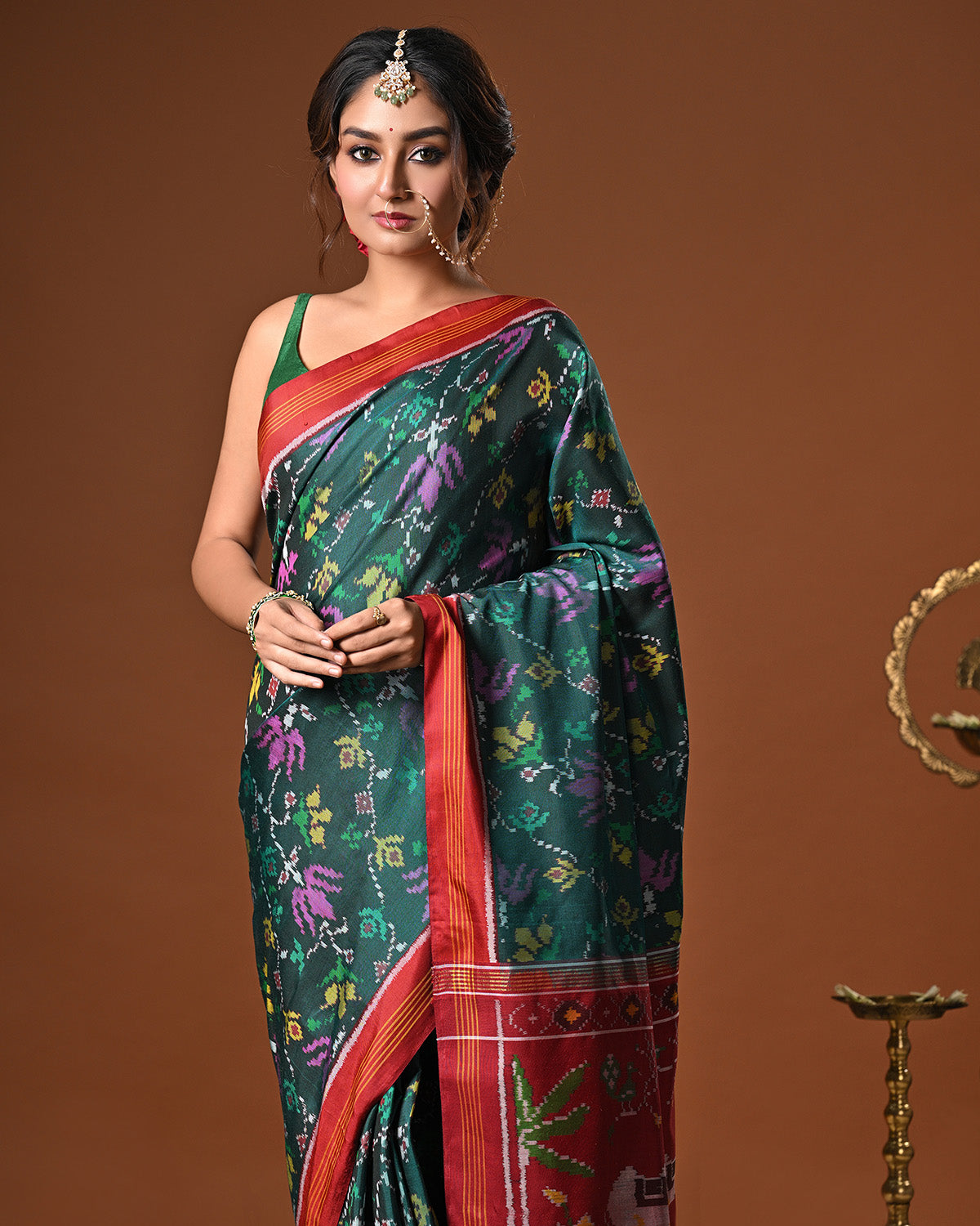 Evergreen Handloom Teal and Pink Mulberry Silk Ikat Patola Saree with Floral and Animal Motif