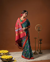 Evergreen Handloom Teal and Pink Mulberry Silk Ikat Patola Saree with Floral and Animal Motif