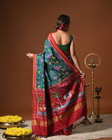 Evergreen Handloom Teal and Pink Mulberry Silk Ikat Patola Saree with Floral and Animal Motif