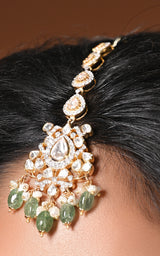 Moissanite Polki Maang Tikka with Green Drops