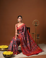 Distinct Handloom Teal and Red Mulberry Silk Ikat Patola Saree with Flora and Fauna