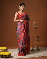 Distinct Handloom Teal and Red Mulberry Silk Ikat Patola Saree with Flora and Fauna