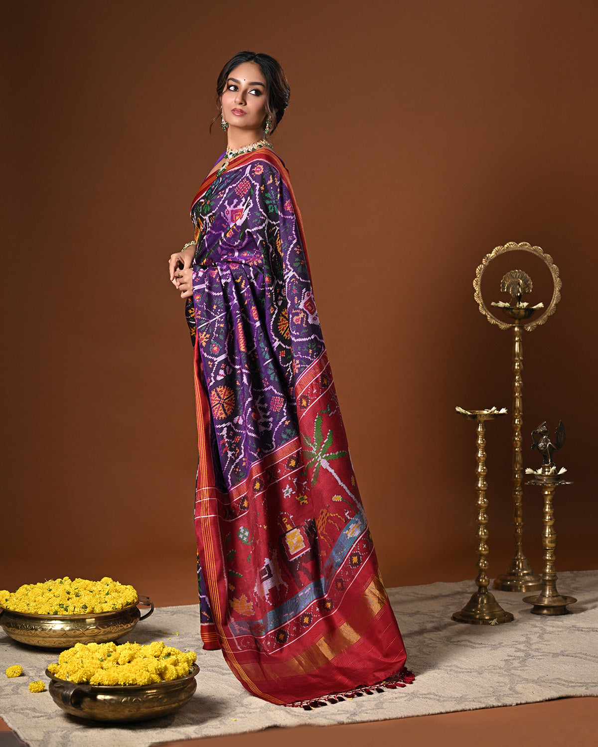 Exclusive Handloom Purple and Red Mulberry Silk Ikat Patola Saree with Animal Motifs