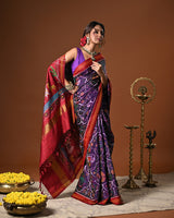 Exclusive Handloom Purple and Red Mulberry Silk Ikat Patola Saree with Animal Motifs