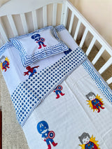 Super Hero Cot Set- Blockprint (1 dohar, 1 cot sheet, 1 pillow case)