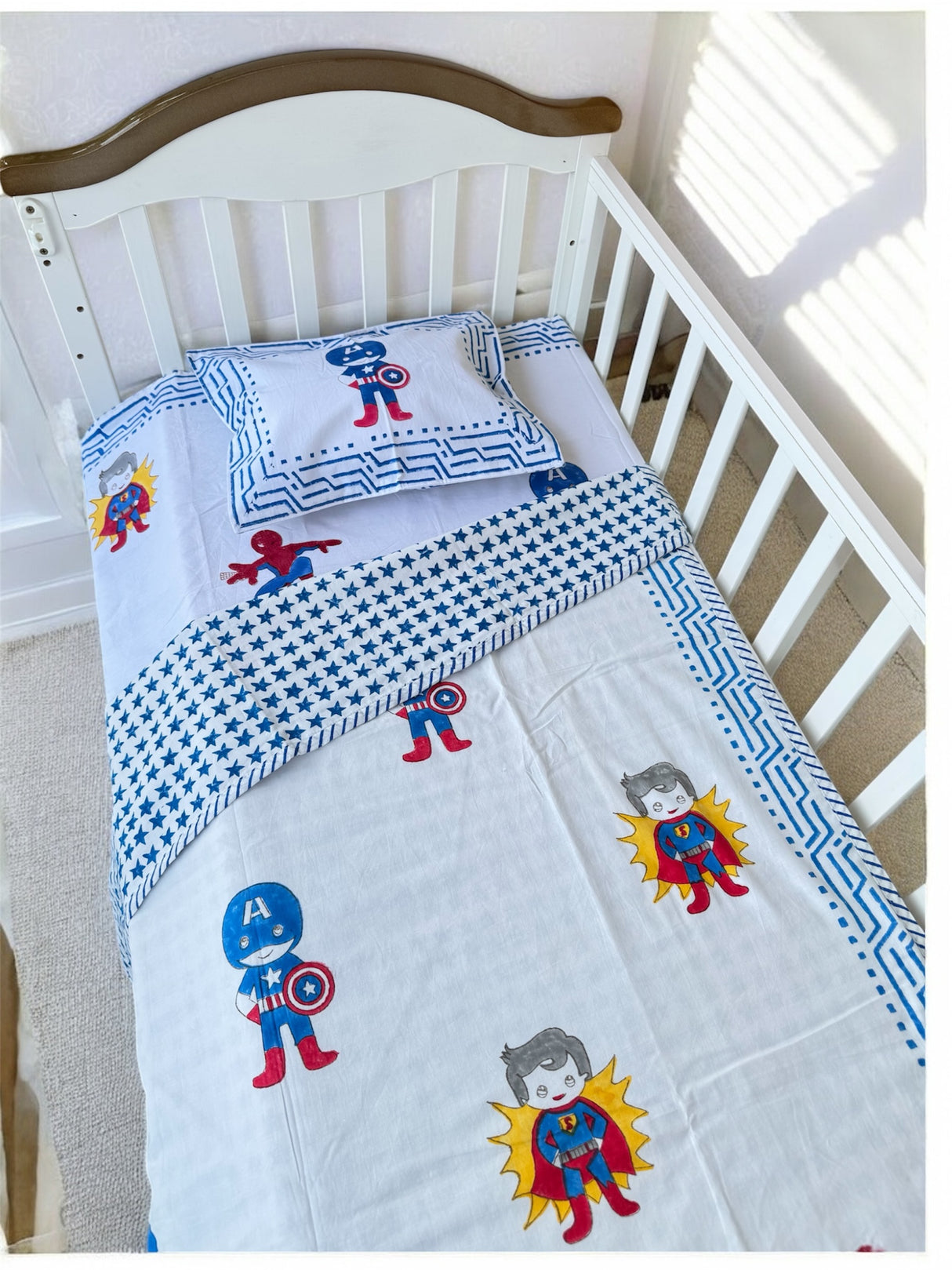 Super Hero Cot Set- Blockprint (1 dohar, 1 cot sheet, 1 pillow case)