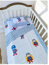 Super Hero Cot Set- Blockprint (1 dohar, 1 cot sheet, 1 pillow case)