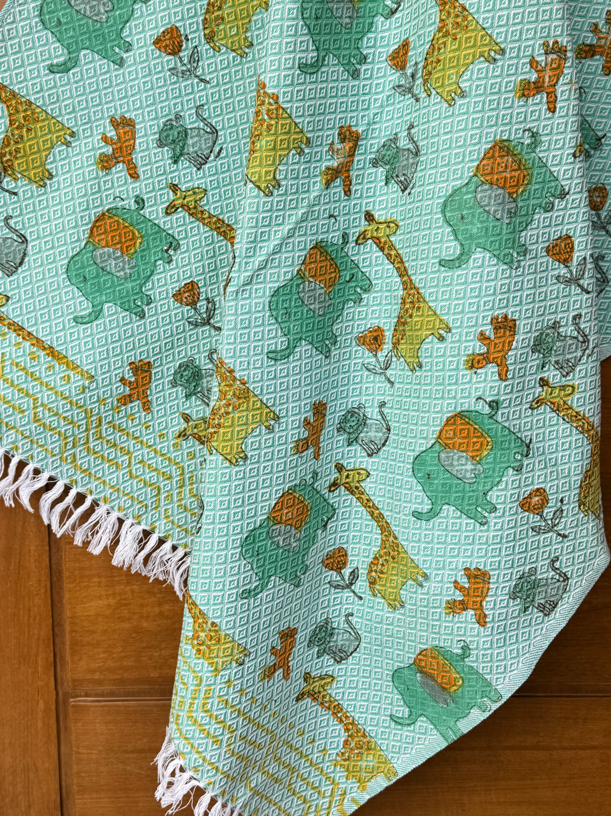 Green Elephant Giraffe Blockprint Kids Towel – Cotton Jacquard Weave