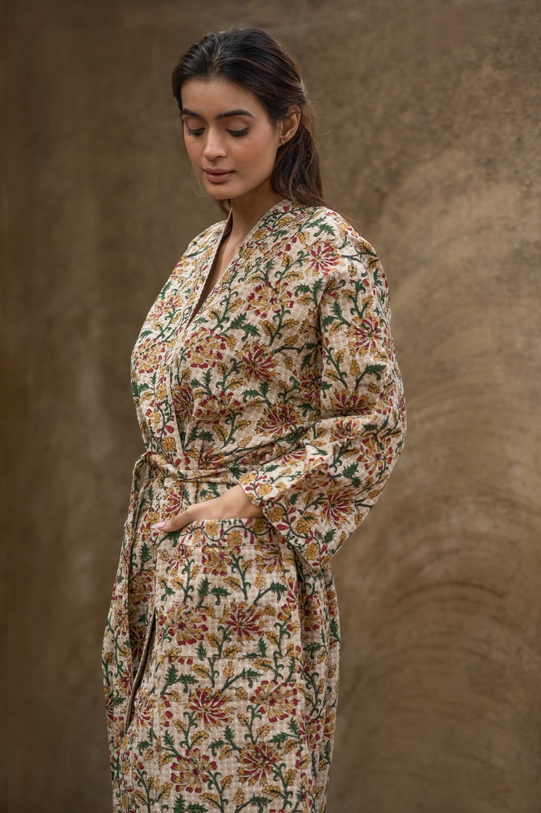 Vasundhara -flowers-cotton-waffle-handblock-printed-bath-robe