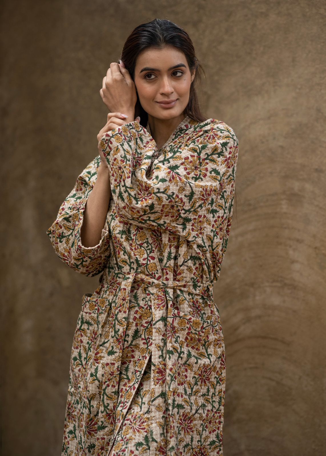 Vasundhara -flowers-cotton-waffle-handblock-printed-bath-robe
