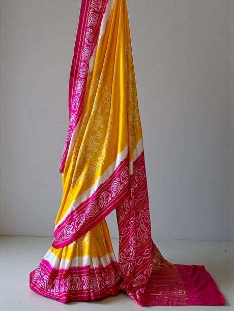 Vibrant Pink-Yellow Pure Gajji Silk Bandhani Saree