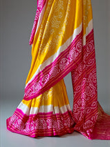 Vibrant Pink-Yellow Pure Gajji Silk Bandhani Saree
