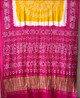 Vibrant Pink-Yellow Pure Gajji Silk Bandhani Saree