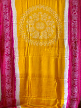 Vibrant Pink-Yellow Pure Gajji Silk Bandhani Saree