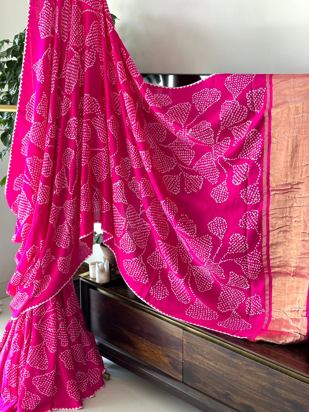 Pink Petals Pure Gajji Silk Bandhani Saree