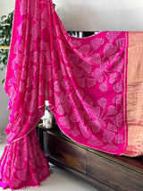 Pink Petals Pure Gajji Silk Bandhani Saree