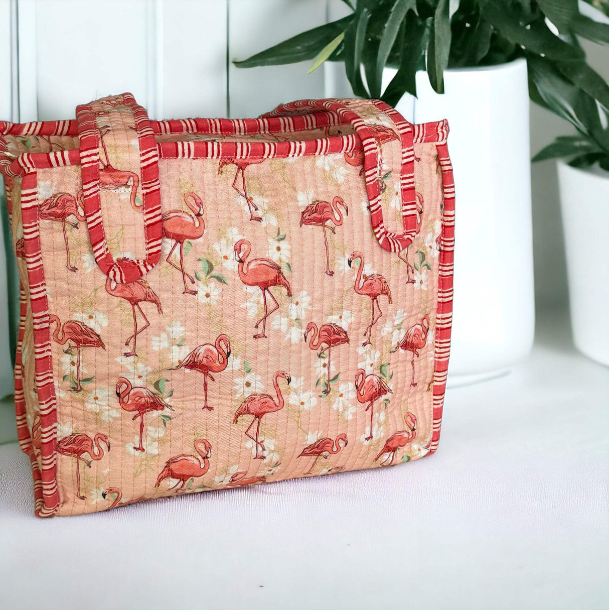 Flamingo tote bags for women with zip and bottle holder for mehendi favors in UAE and Singapore