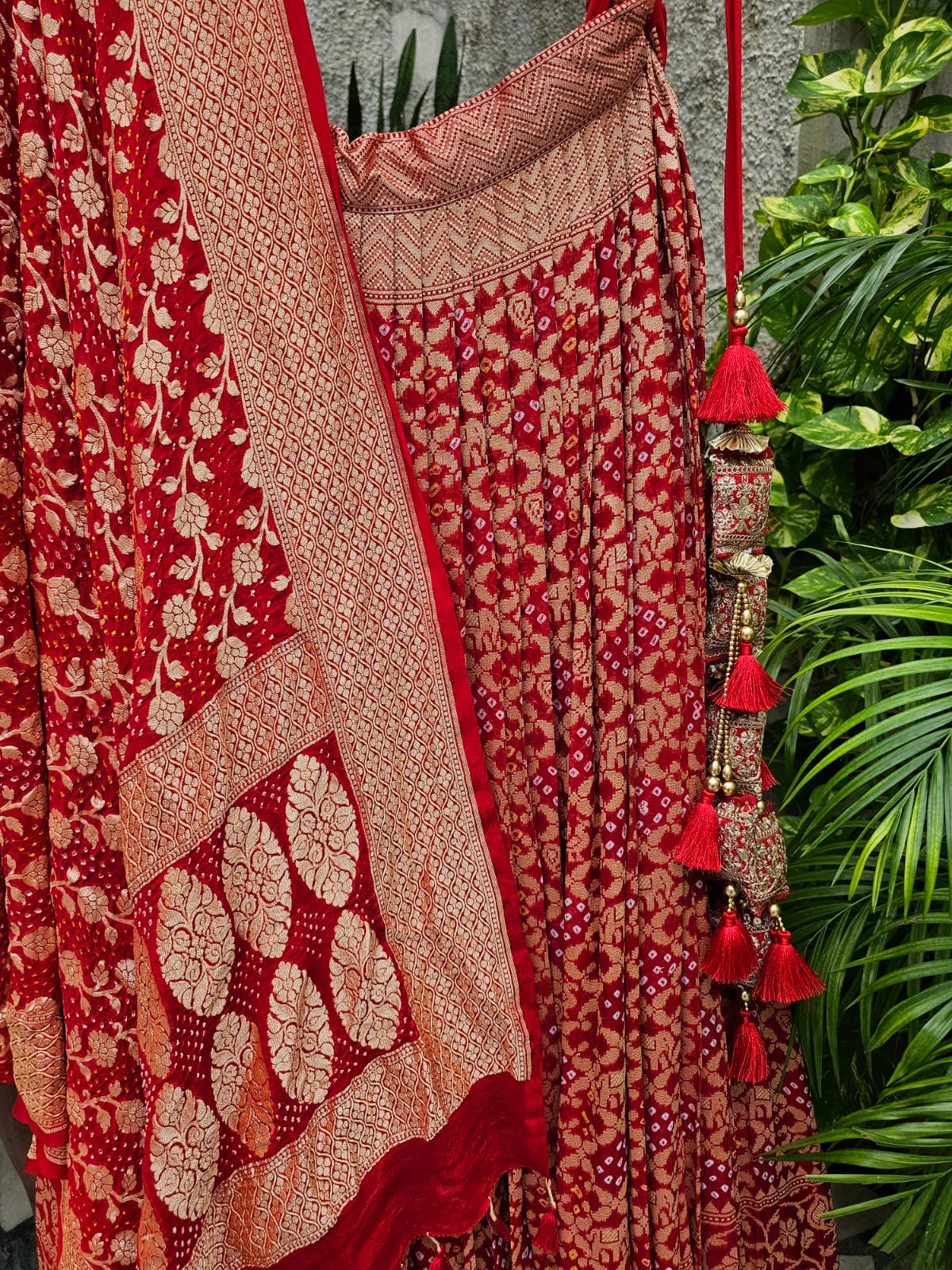 Mesmerizing Red Pure Banarsi Georgette Bandhani Lehenga