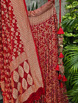 Mesmerizing Red Pure Banarsi Georgette Bandhani Lehenga