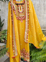 The festive Chanderi Mulmul 3 Piece Semi Stitched Suit Set in Yellow Colour