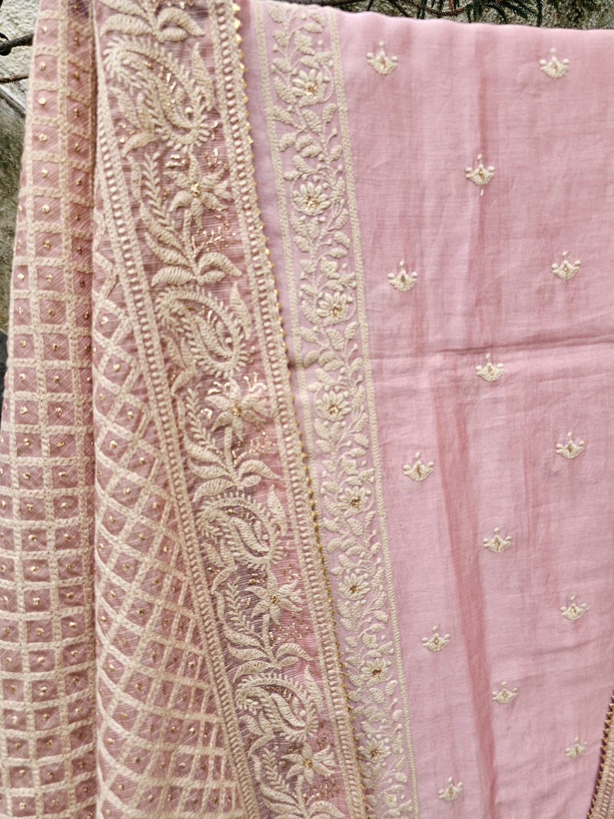 3 Piece Chanderi mulmul Unstitched Suit Set in Shade of Pink