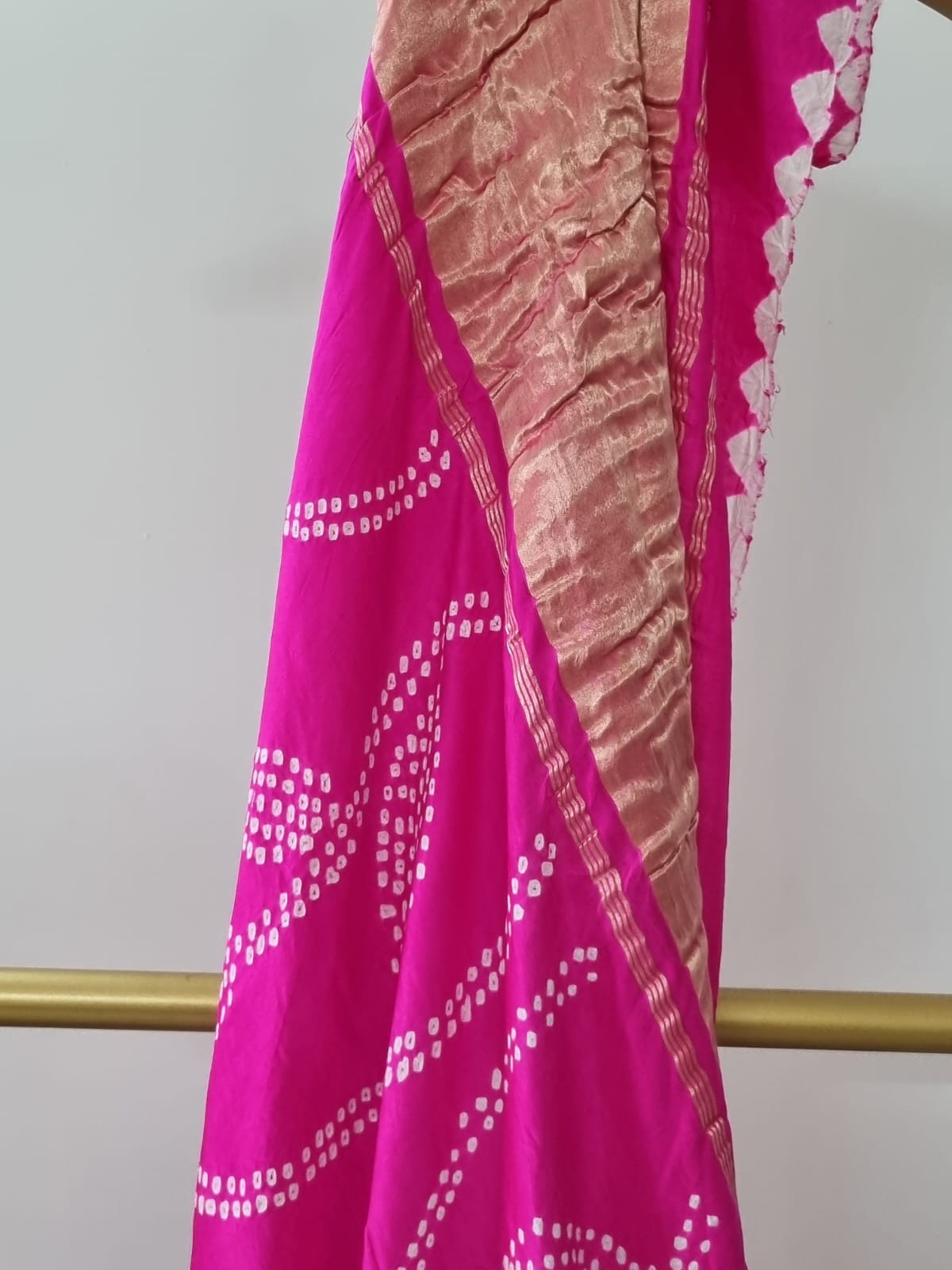 Rani Pink Pure Gajji Silk Half And Half Bandhani Saree