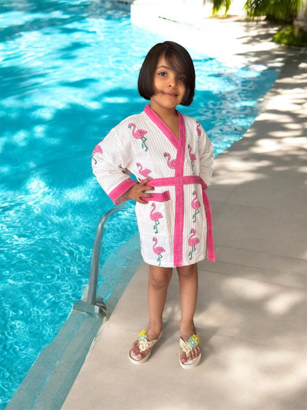 buy pink flamingo cotton waffle bathrobe for girls handblock printed Jaipur India