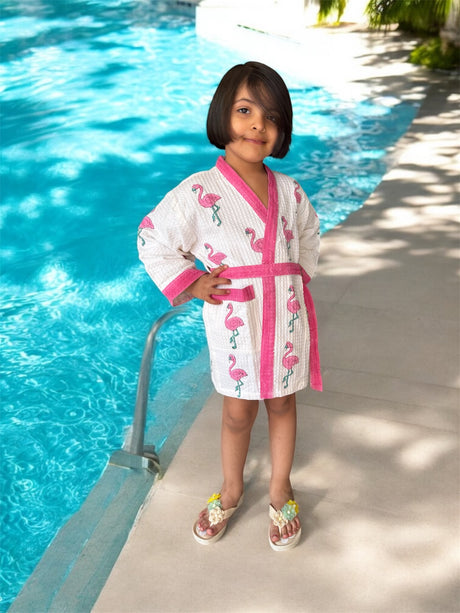 buy pink flamingo cotton waffle bathrobe for girls handblock printed Jaipur India
