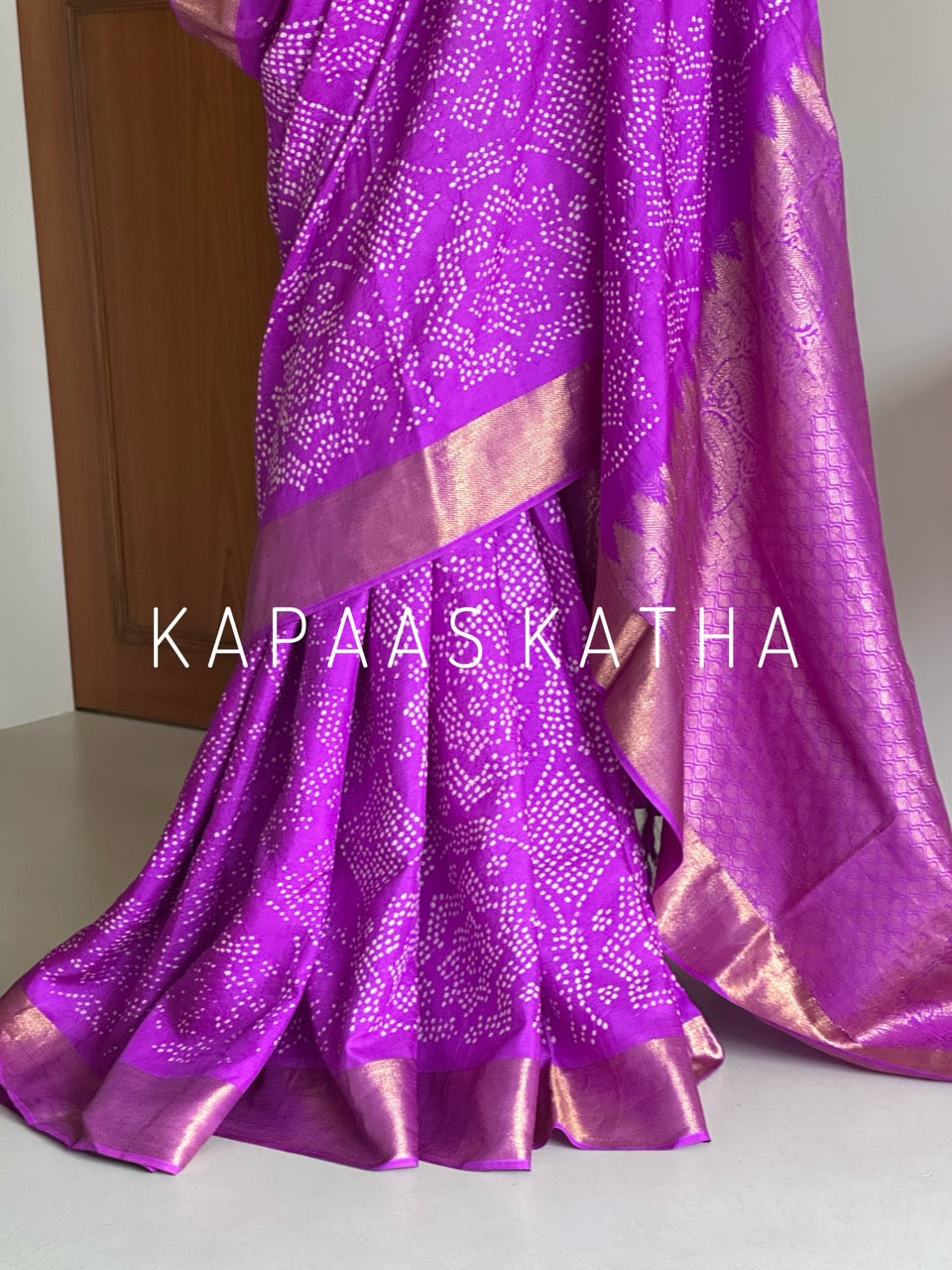 Pure Kanjivaram Silk Bandhani Saree in Purple | Kapaas Katha