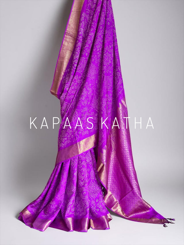 Pure Kanjivaram Silk Bandhani Saree in Purple | Kapaas Katha