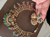 Katha of Jewels antique finish 92.5 sterling silver temple necklace set with peacock motif, green aventurine beads, and matching jhumka earrings