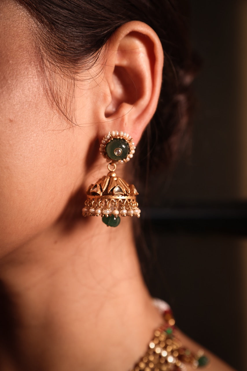 Katha of Jewels antique finish 92.5 sterling silver temple necklace set with peacock motif, green aventurine beads, and matching jhumka earrings
