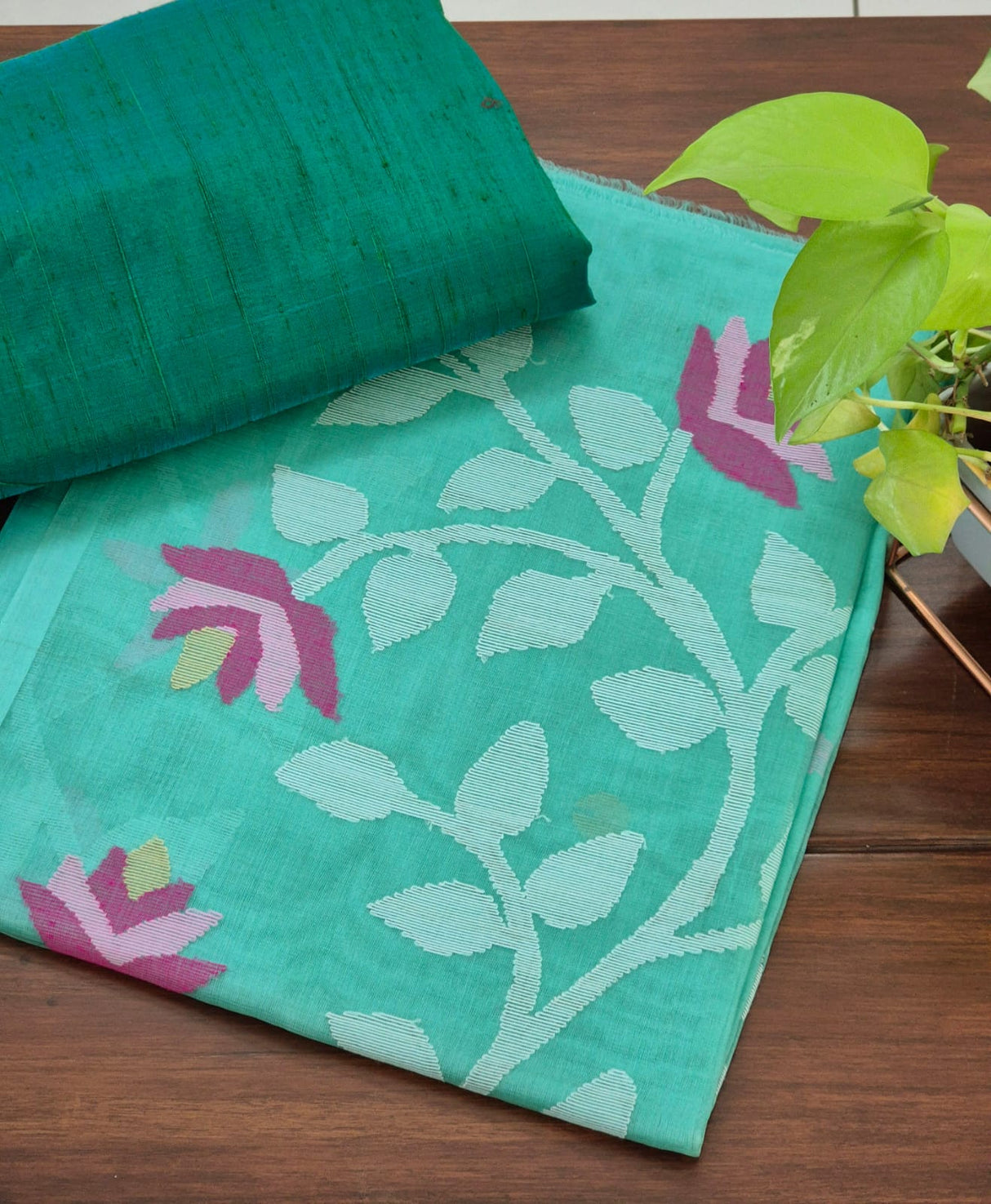 Aqua Blue Green Handloom Muslin Silk Saree with Jamdani weaving