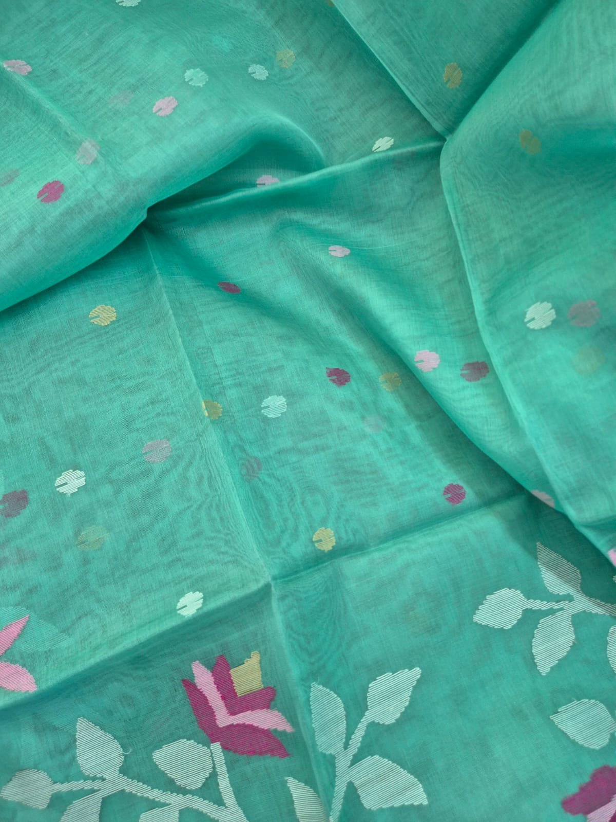 Aqua Blue Green Handloom Muslin Silk Saree with Jamdani weaving