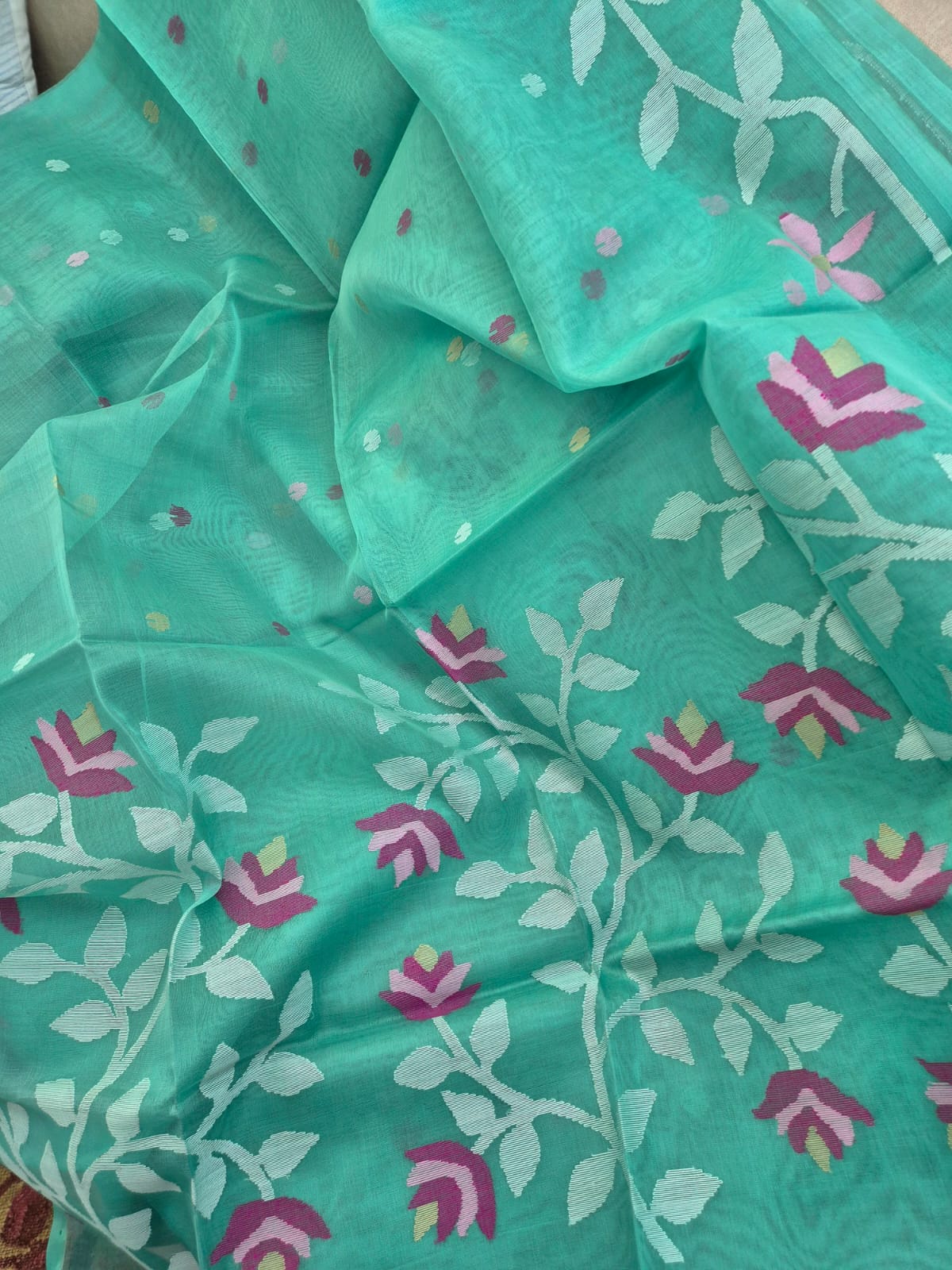 Aqua Blue Green Handloom Muslin Silk Saree with Jamdani weaving