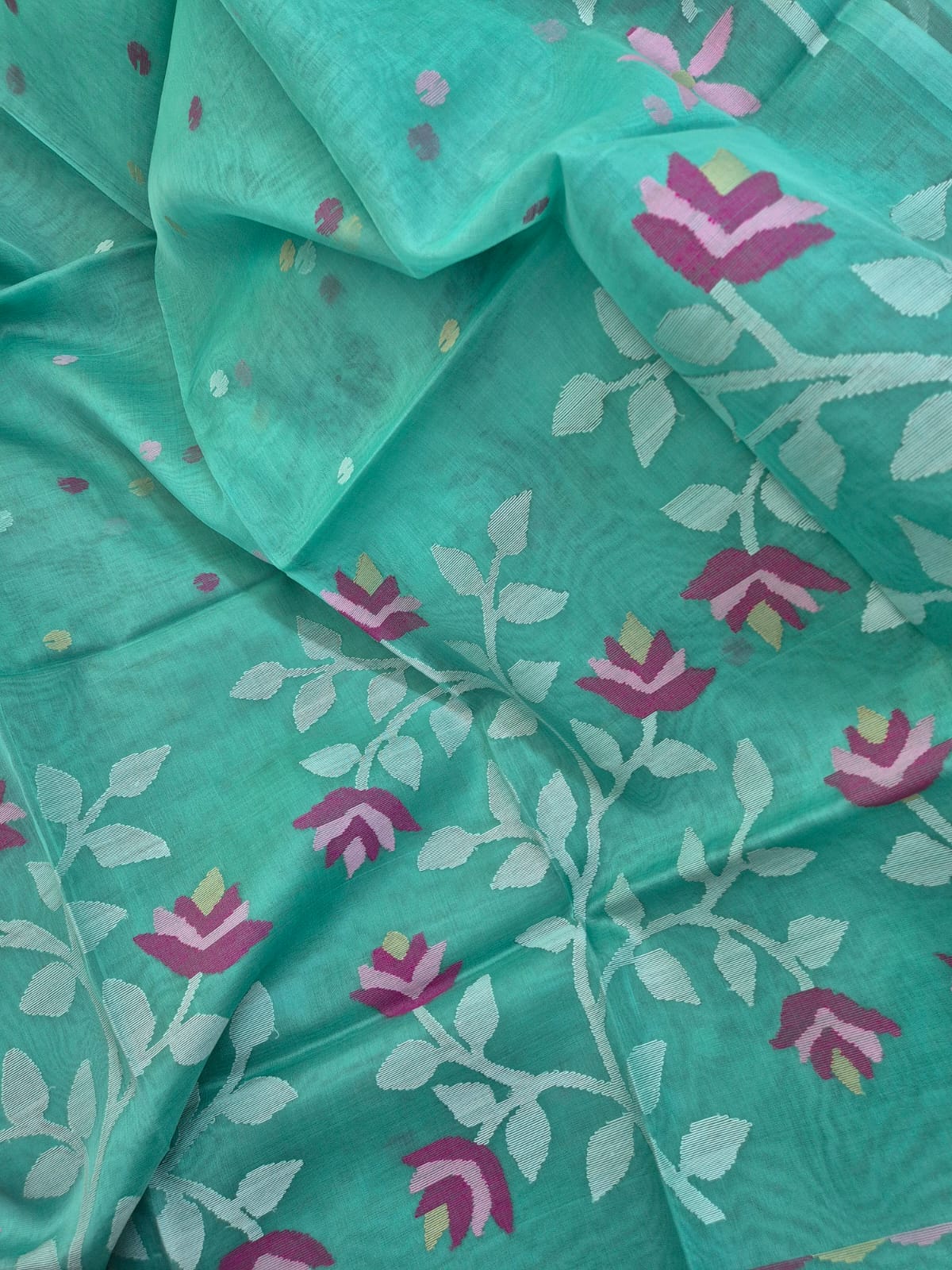 Aqua Blue Green Handloom Muslin Silk Saree with Jamdani weaving