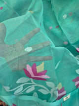 Aqua Blue Green Handloom Muslin Silk Saree with Jamdani weaving