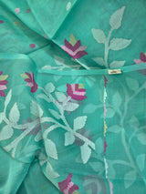 Aqua Blue Green Handloom Muslin Silk Saree with Jamdani weaving