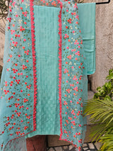 Aqua Blue 3 Piece Cotton Silk Unstitched Suit Set with Organza Dupatta