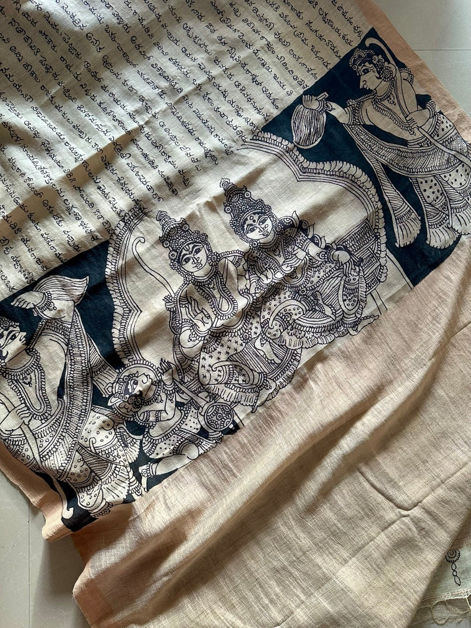Ayodhya Chronicles - Handloom Matka Silk Ramayan Theme Kalamkari Saree