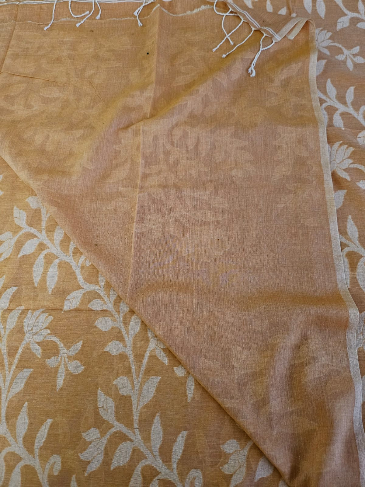 Orange Floral Cotton Saree made on Jacquard Loom