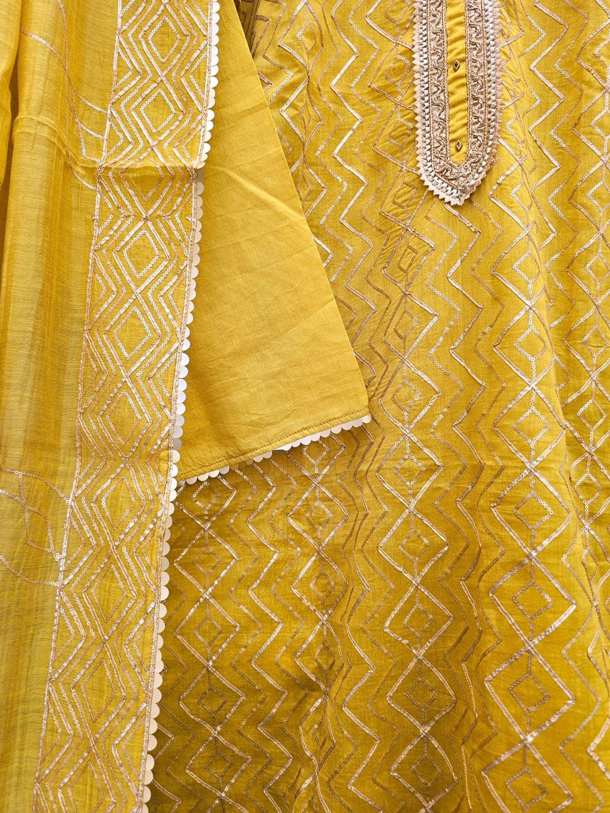 Festive 3 Piece Semi Stitched Suit Set with Gota work in Yellow Colour