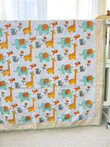 handcrafted cotton reversible dohar with yellow green floral and animal prints