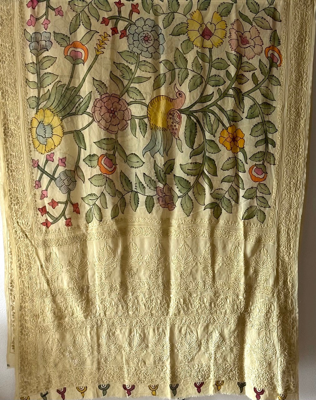 Bagh-e-Noor - Pure Banarsi Georgette Kalamkari Dupatta with Lucknow Embroidery