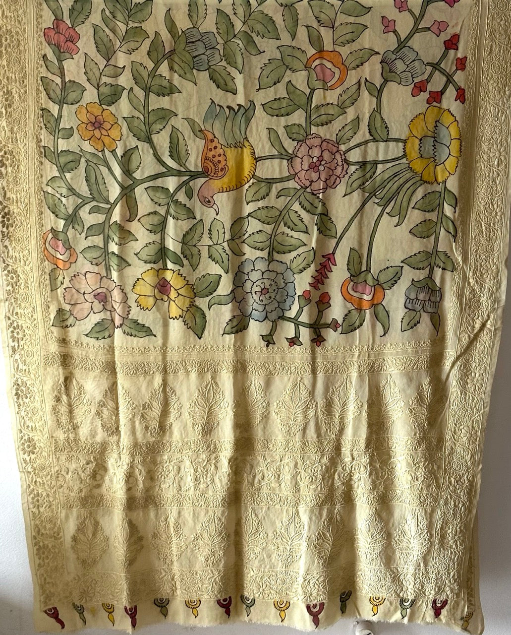 Bagh-e-Noor - Pure Banarsi Georgette Kalamkari Dupatta with Lucknow Embroidery
