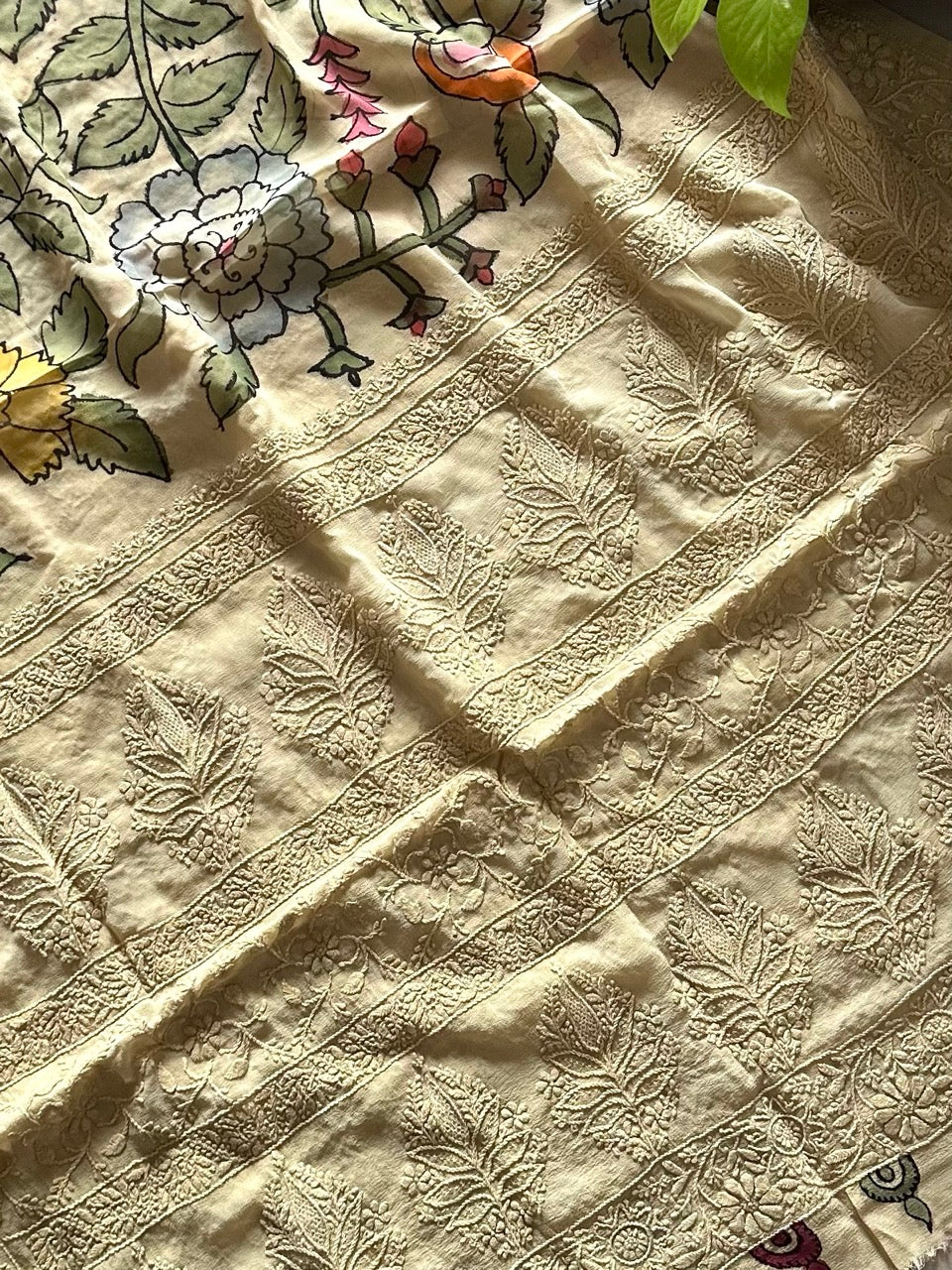Bagh-e-Noor - Pure Banarsi Georgette Kalamkari Dupatta with Lucknow Embroidery