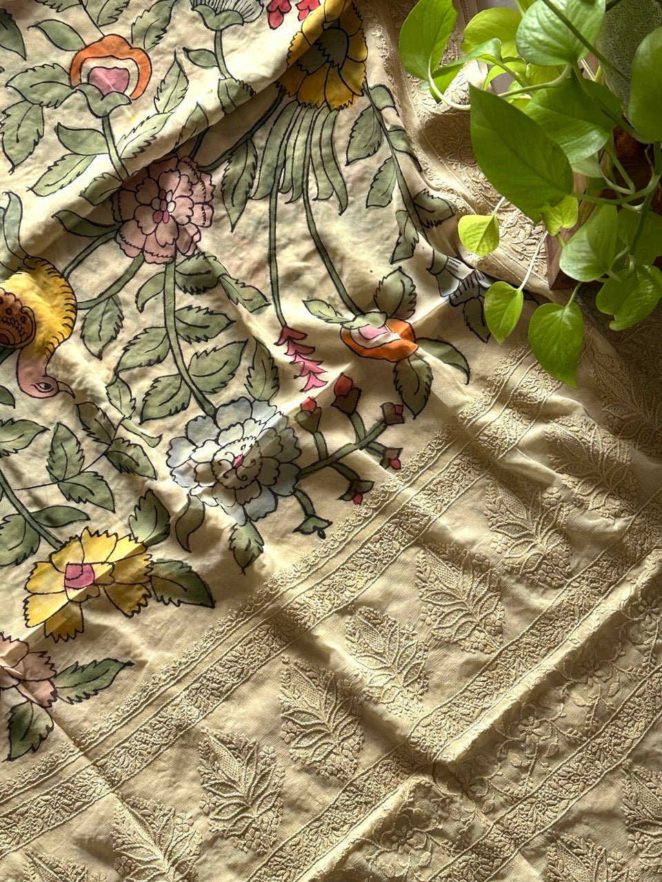 Bagh-e-Noor - Pure Banarsi Georgette Kalamkari Dupatta with Lucknow Embroidery
