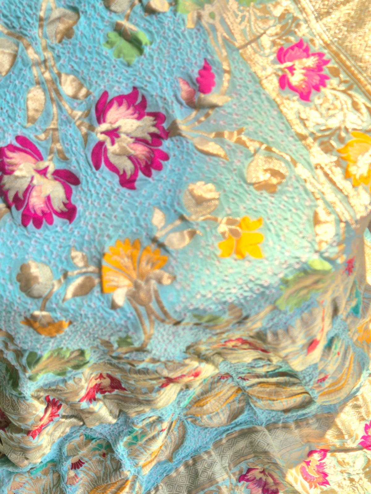 Floral Light Aquamarine Pure Banarsi Georgette Meenakari Bandhani Dupatta