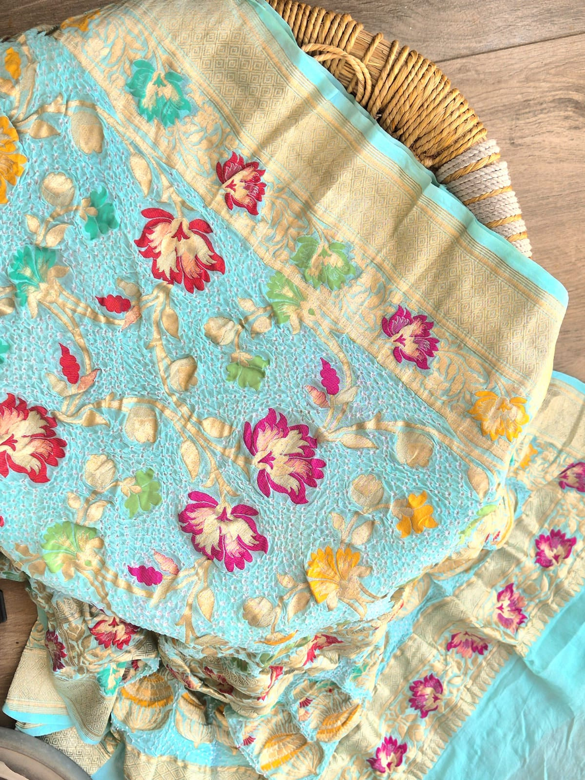 Floral Light Aquamarine Pure Banarsi Georgette Meenakari Bandhani Dupatta